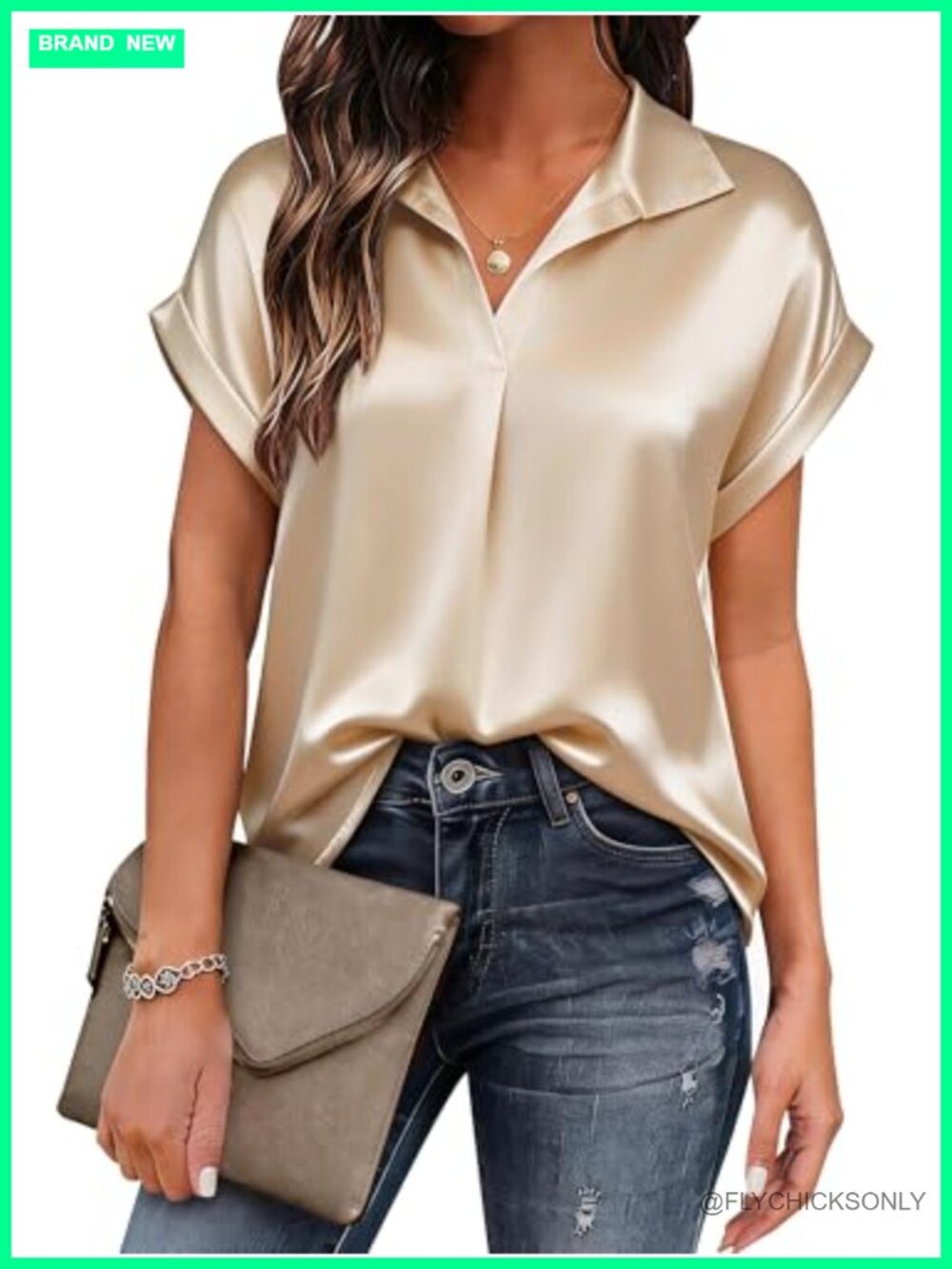 Womens Silk Satin V Neck Collared Work Blouse Short Sleeve Business Casual Top